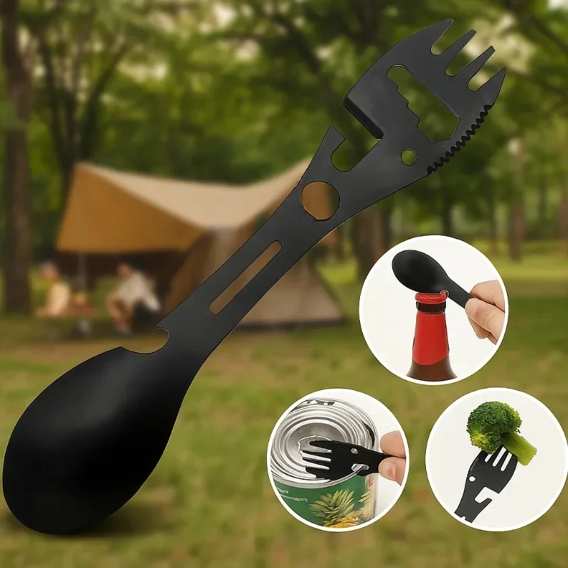 1/4 個アウトドアフォークスプーン多用途アウトドアキャンプツール軽量フォークスプーン栓抜きサバイバル戦術ユーティリティ