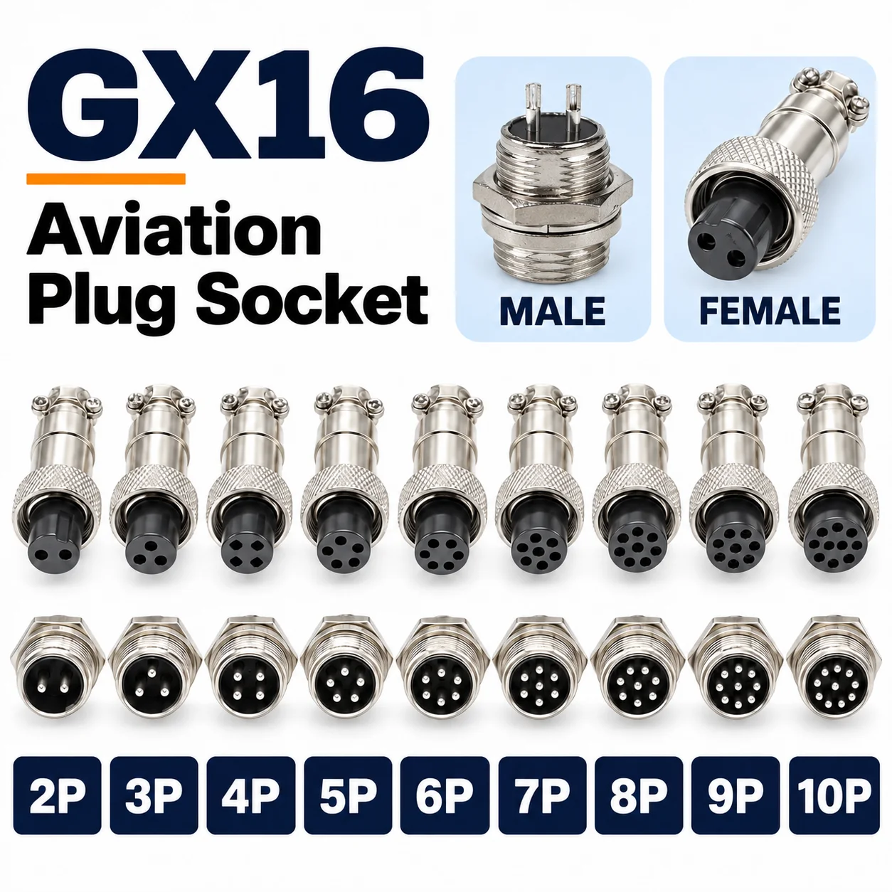5PCS GX16 Aviation Connector 2 3 4 5 6 7 8 9 10 Pin Male Female Plug Socket 16mm Panel Mount Nut Type Circular Wire Adapter Kit