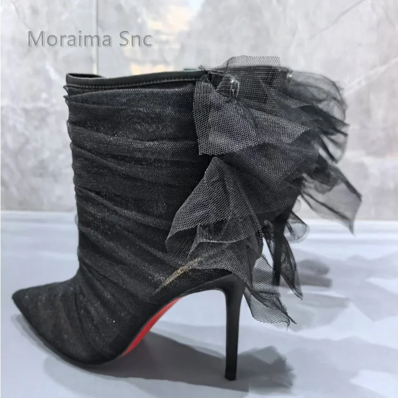 

Sexy Black Lace Mesh High Heel Ankle Boots for Women Pointed Toe Elegant Stiletto High Heels Women's Boots Butterfly Knot Shoes