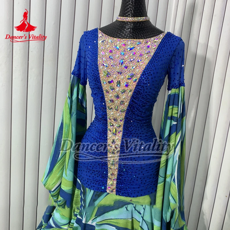 성인 인쇄 쉬폰 호른 슬리브 표준 사회 댄스 대회 여성 왈츠 폭스트롯 의류 맞춤형 빅 스윙 드레스