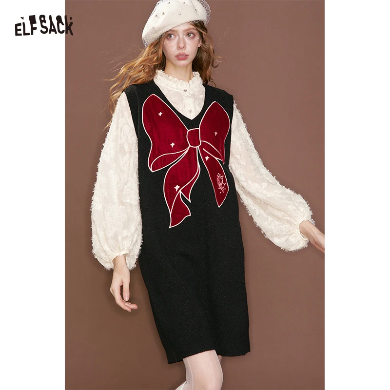 

ELFSACK Y2K Sweet Fake Two Piece Chiffon Shirt Bow Straight Vest Dress For Women