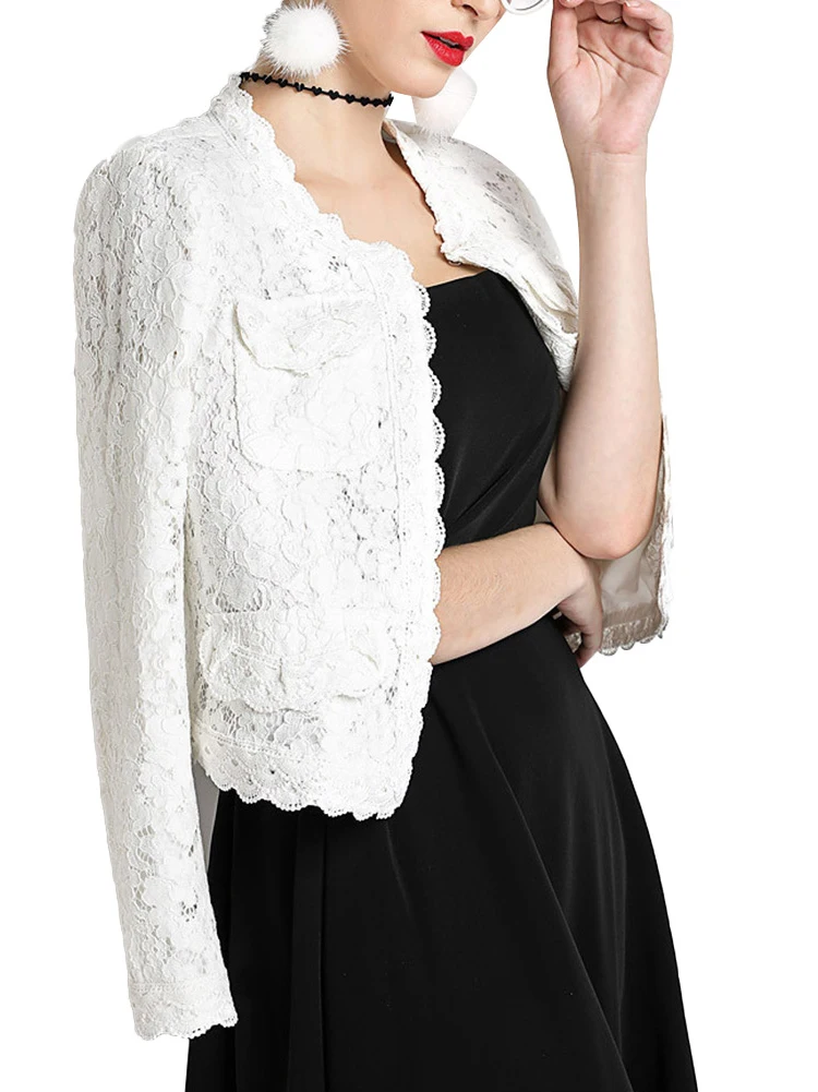 

Slim Fit Cardigan Lace ort Jaet Street Sle Splice Design Open Front Long Sve Thin Outerwear for Women in Autumn