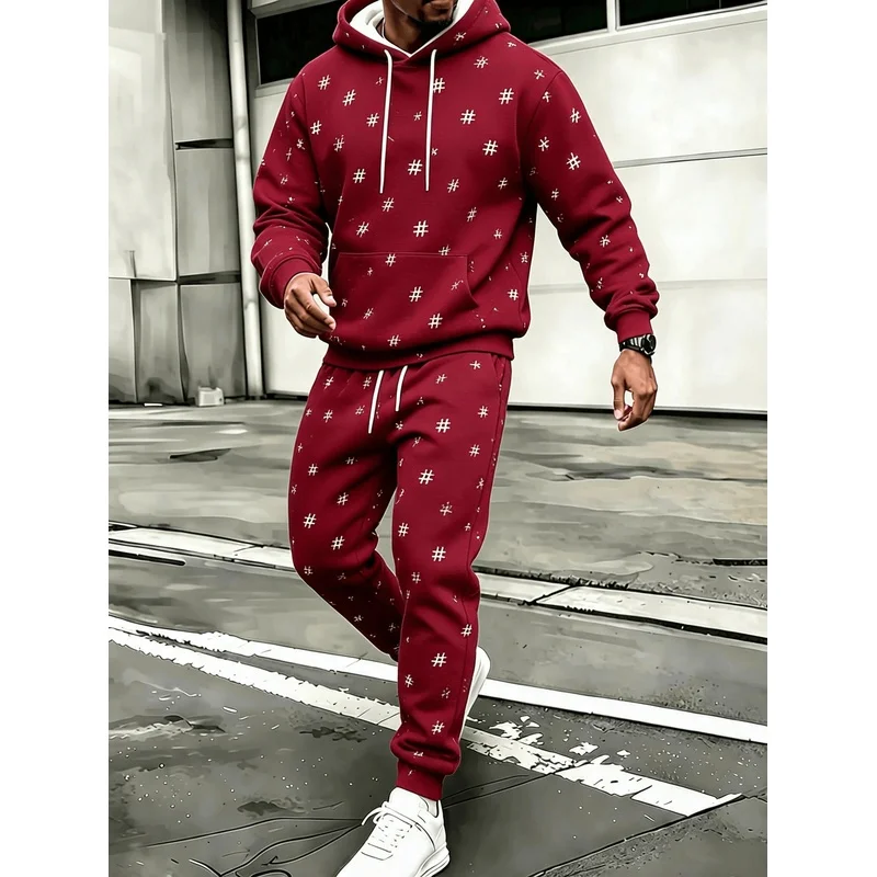 Ensemble 2 pièces sweat à capuche et pantalon de jogging à revers à la cheville pour homme, imprimé symbole hashtag rouge bordeaux, survêtement décontracté de style streetwear