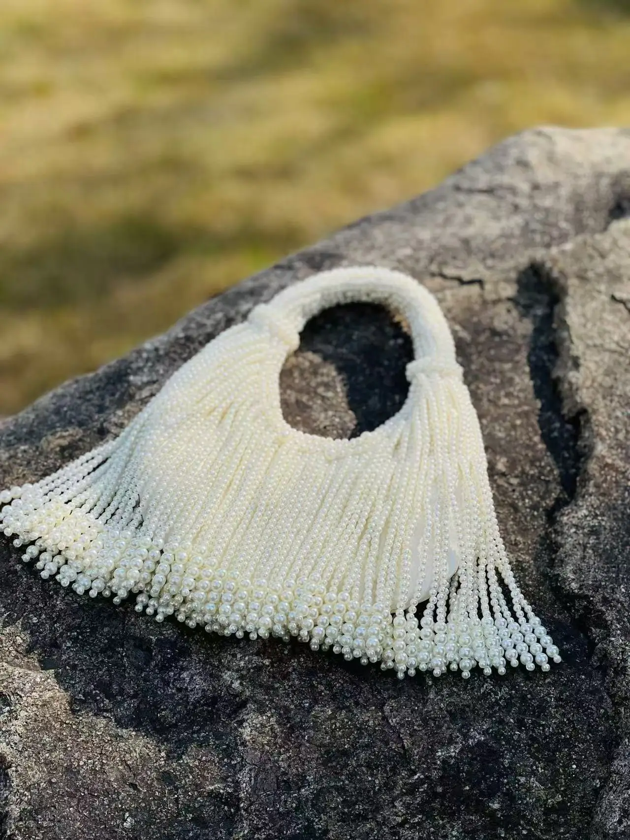 French Vintage Handmade Pearl Beaded Fringe Clutch Bag Elegant White Tassel Underarm Purse for Wedding Party Evening Handbag New