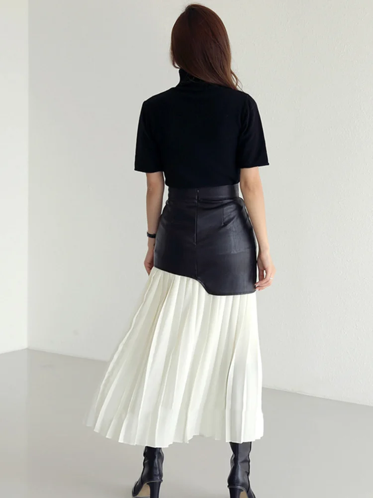 LANMREM Patchwork Pu Leather Skirt For Women High Waist Midi Folds Color Block Skirts Female 2024 Autumn Fashion Clothing 2R6875