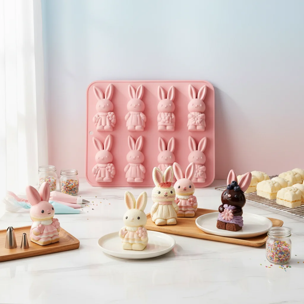 2pcs/pack Food-grade Silicone 8-cavity Easter Bunny-shaped Cake Mold Easy-release BPA Free Dishwasher Safe Cute Design
