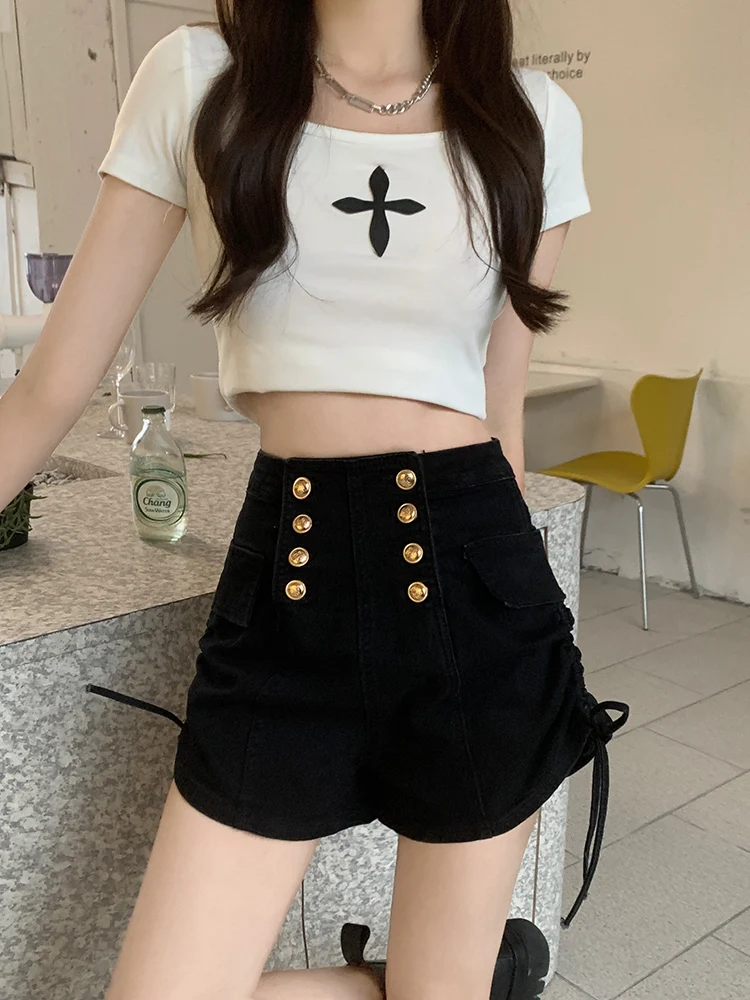BANA Sweet Spicy High Waist Denim Shorts Women's Summer Thin Cotton Stretch Jeans Belted Straight Leg Deep Blue Color