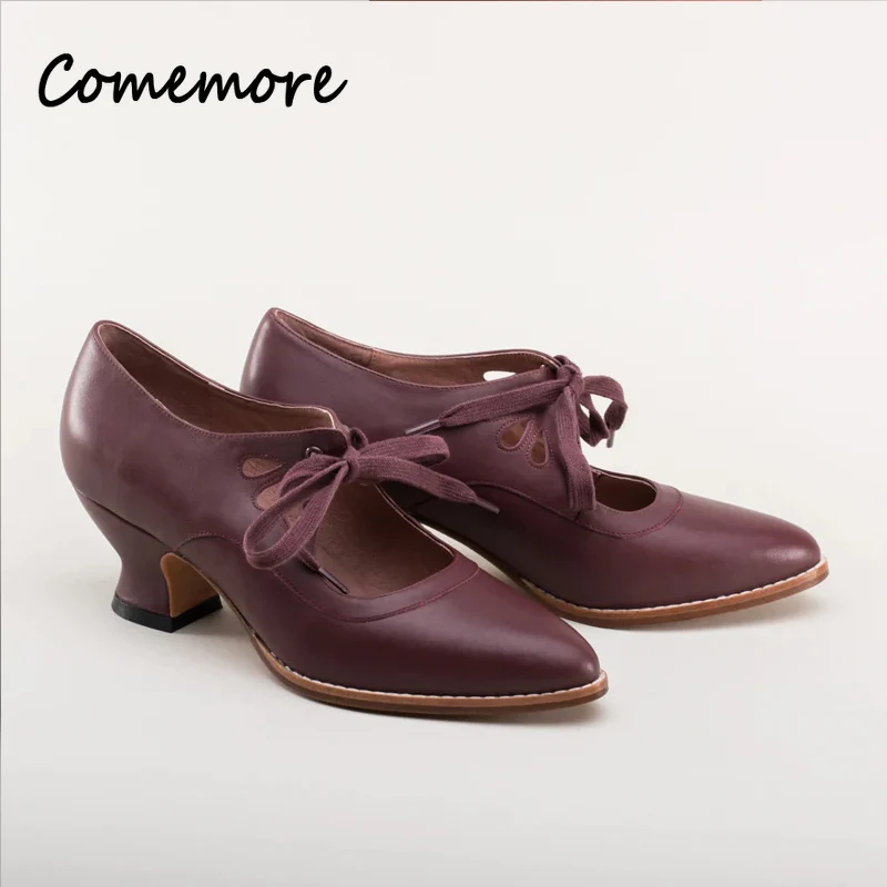 Comemores Woman Vintage Lace Up Low Heel Dress Zapatos Ladies Design Butterfly Wing Derby Shoes Retro Mary Jane Pump Plus Size