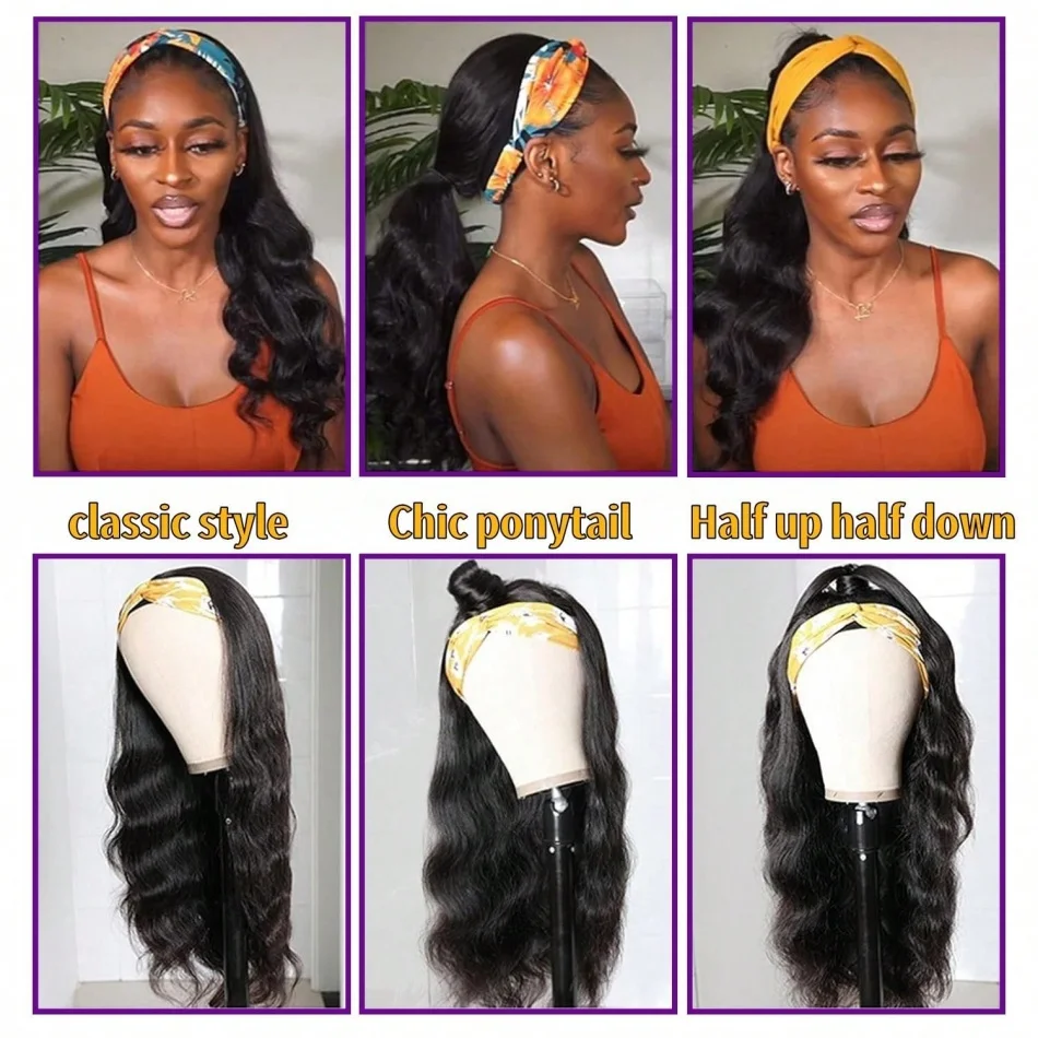 Headband Wig Human Hair Body Wave 16 Inch Glueless None Lace Front Wig Brazilian Virgin Hair Wear And Go Wigs For Women 200% Density Wigs Natural Black Color - view 4