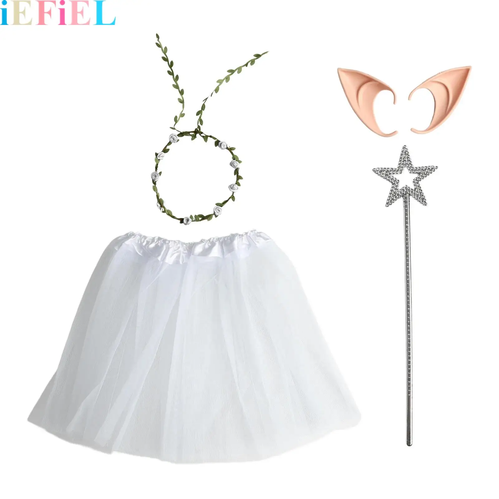 

4Pcs Fairy Cosplay Costume Halloween Girls Fairy Mesh Skirt Fairy Stick Garland And Elf Ears Fairytale Dress Up Performance Set