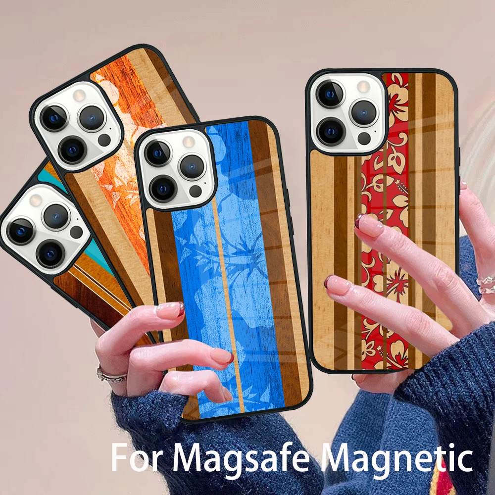 

Hawaiian Faux Wood Surfboard Phone Case Magesafe Magnetic Wireless Charge Cover For IPhone 16 11 12 13 14 15 Pro Max Plus