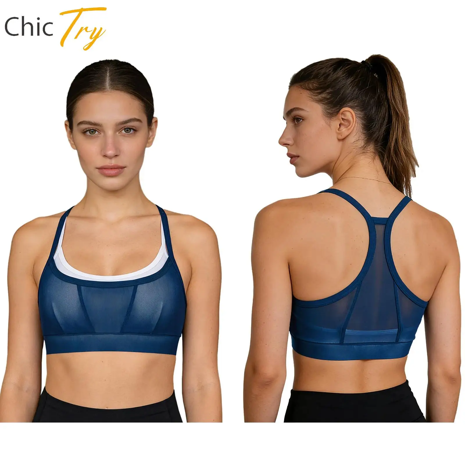 

Women Fitness Tops Double-Layer Sports Bra Sleeveless Spaghetti Straps Sheer Mesh Overlay Crop Top for Yoga Gym Workout Daily