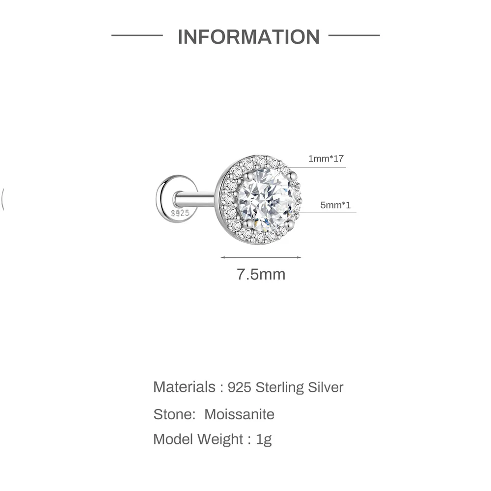 Aide 1 Stück 925 Sterling Silber Moissanit Halo Piercing Ohrstecker mit Schraubverschluss, rund, für Knorpel, 2-4 mm, für Damen und Herren – Detail 18