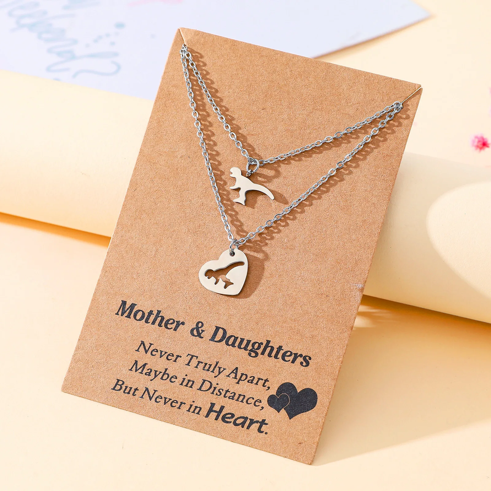 Simple Mother's Day Necklace Stainless Steel Dinosaur Heart shaped Pendant Necklace Parent-child Collar Chain Gift Wholesal