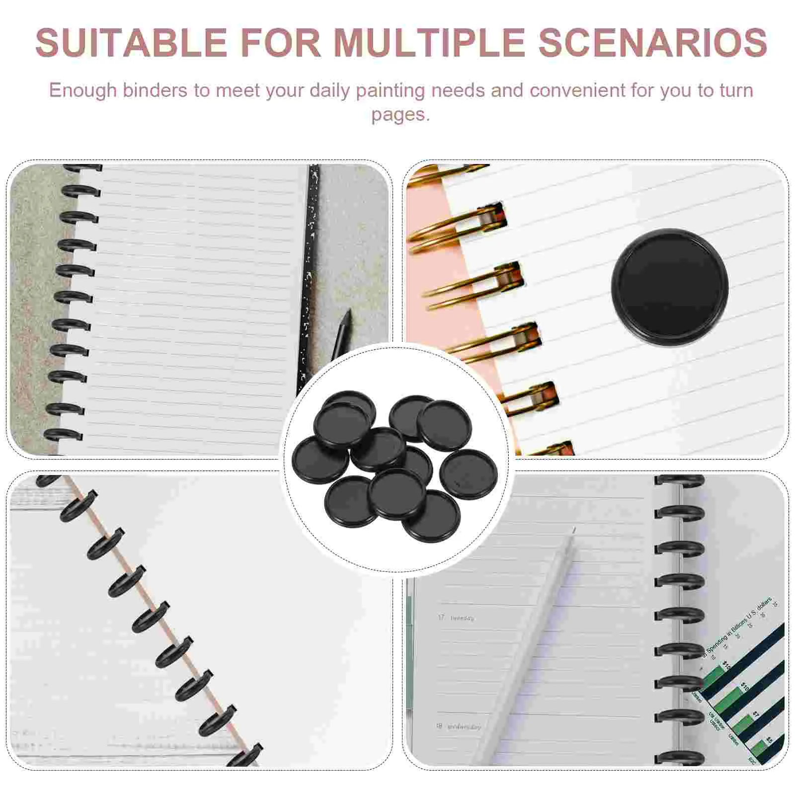 55 Pcs Decor Books Loose-leaf Button Discs Card Planner Binder Rings Black Plastic