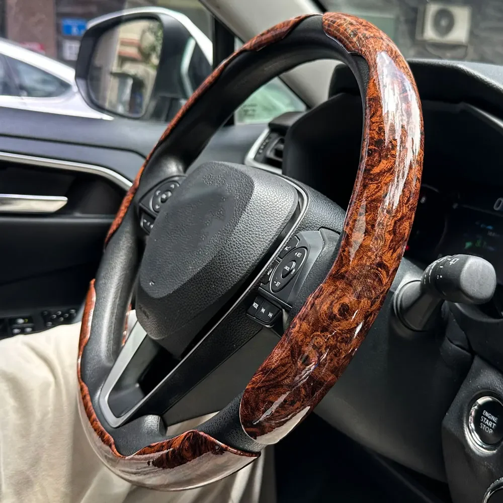 3PCS Wood Grain Steering Wheel Booster Cover, Microfiber Leather Protective Sleeve, Universal Auto Interior Decor Accessories
