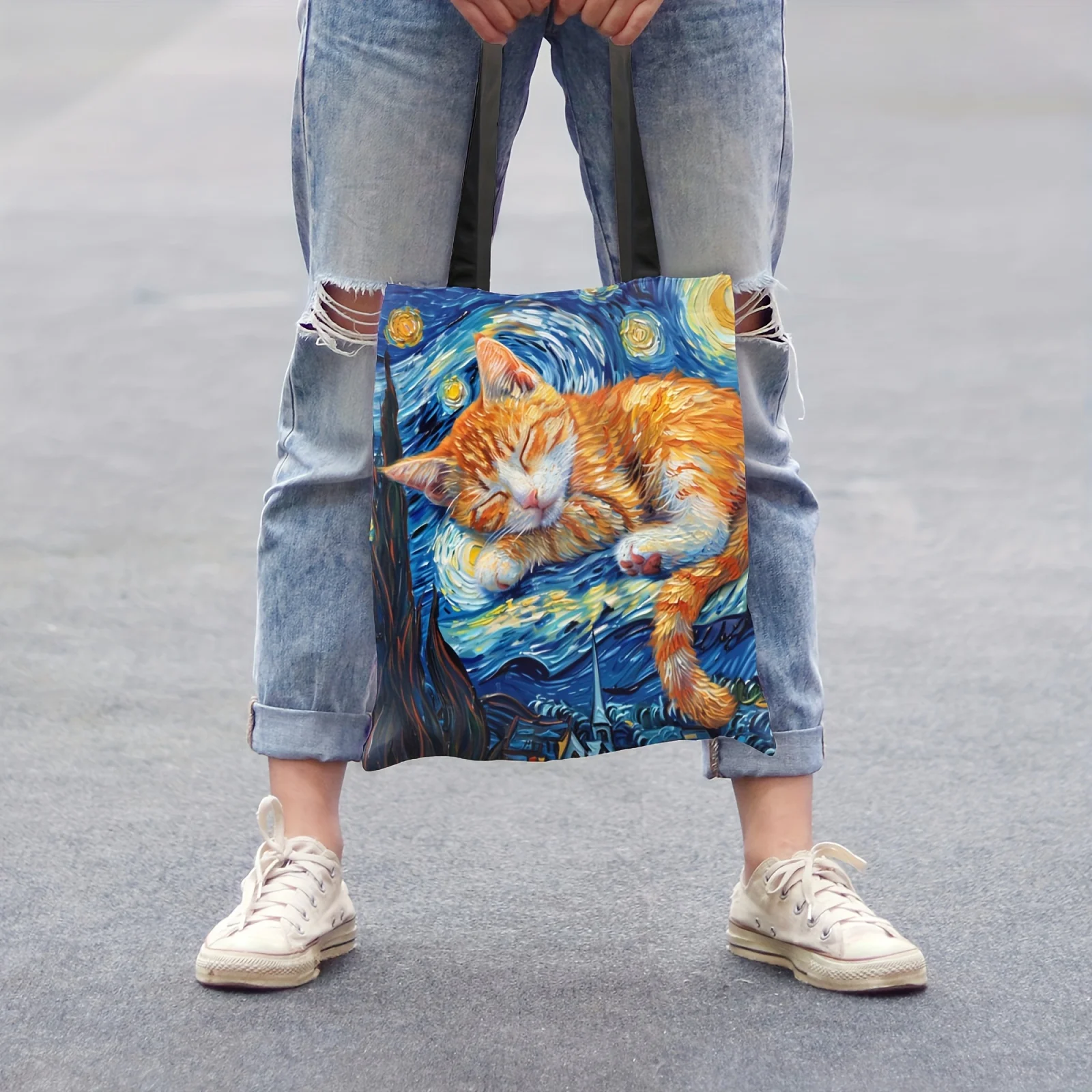 Whimsical Sleeping Calico Cat Print Tote Bag Black Cats Casual Polyester Shopping Bag 35x40cm for Travel & Work Shoulder Bags