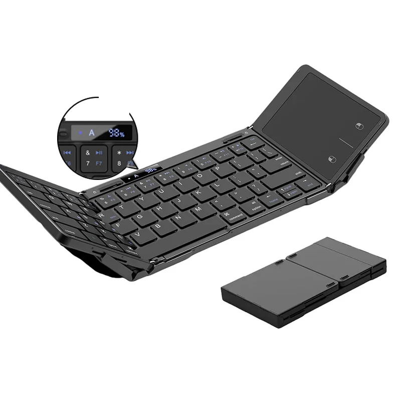 Portable Alloy Tri-Foldable Bluetooth Wireless Rechargeable Keyboard With Touchpad Battery Display For Win/IOS/Android-Black