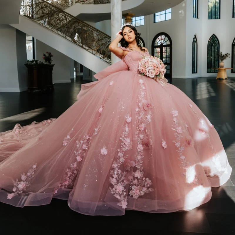 

Pink Shiny Ball Gown Quinceanera Dresses Applique Flower Beading Crystal Bow Tull Corset Off Shoulder Sweet 16 Dress vestidos 15