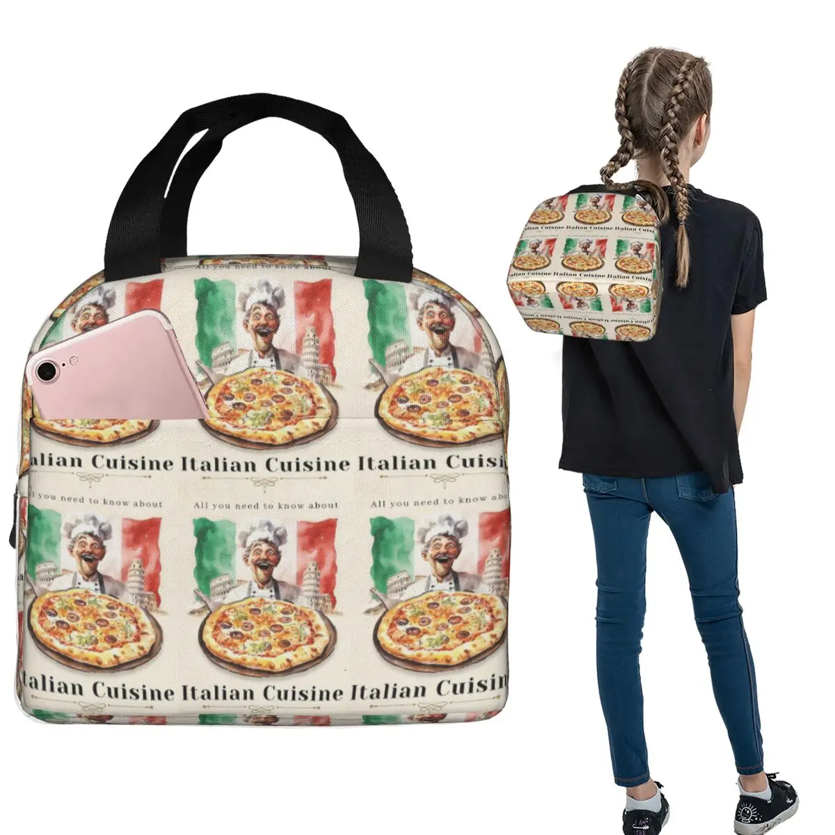 

Italian Flag Pizza Insulated Lunch Bag for Women Children Portable Food Boxes Thermal Lunch Box Tote