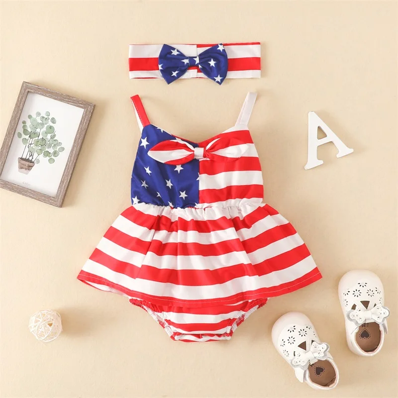 Baby Girl s Patriotic Sleeveless Romper with Matching Headband Infant American Flag Print V-neck Jumpsuit for Independence Day