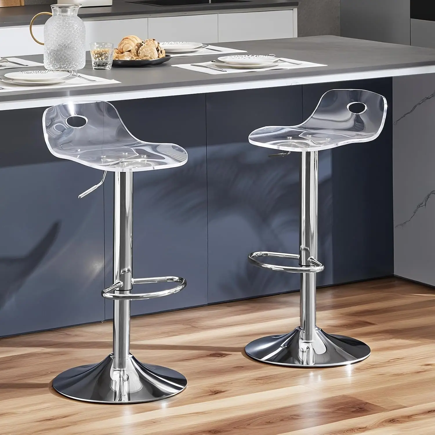 Adjustable Clear bar Stool - Set of 2 Acrylic bar stools with Silver Accents, Modern Chair for Home or bar, Customized