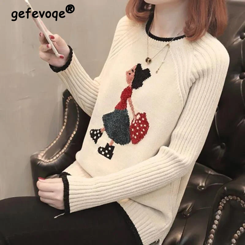 Sweet Kawaii Cartoon Girls Jacquard Outewear Knitted Sweater Women Casual Loose O Neck Long Sleeve Top Pullovers Jumper Clothing