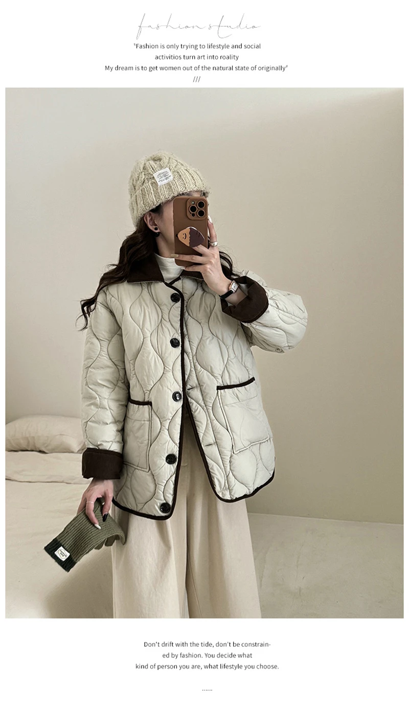 Autumn Down Cotton Padded Jacket Women's 2025 Contrast Lapel Rhombic Thin Short Loose Spring Cotton Padded Casual Coats Female