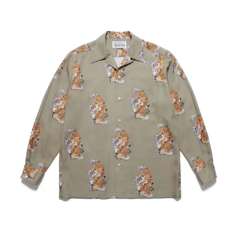 Autumn Winter Multicolour WACKO MARIA Tiger Digital Print Mens Womens Classic Hawaii Long Sleeve Shirt Loose Casual Brand Shirt