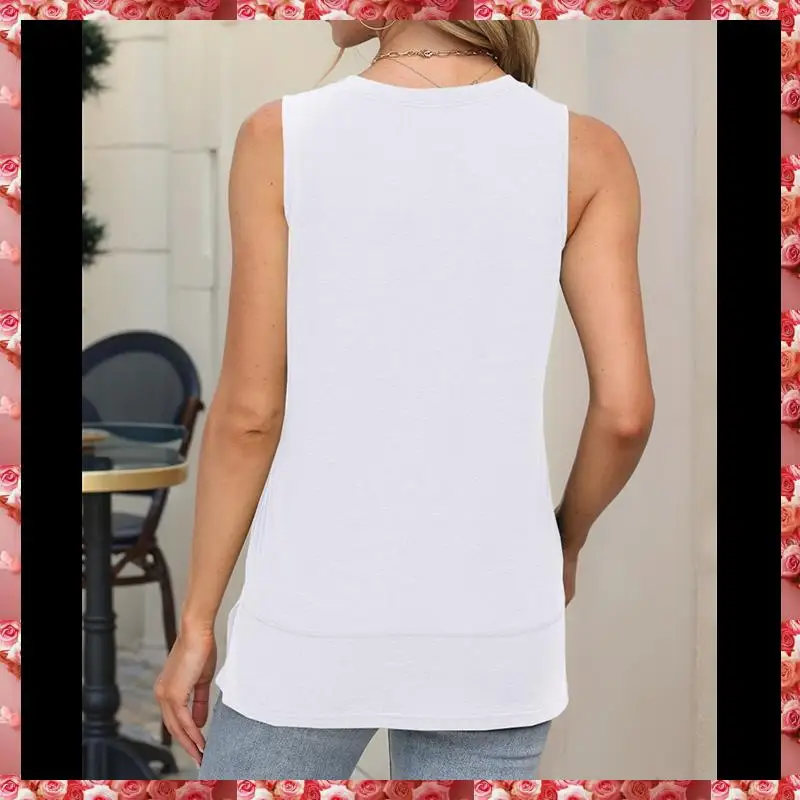 Womens Summer Tank Tops Sleeveless Round Neck Casual Side Hem Tops Loose Fit