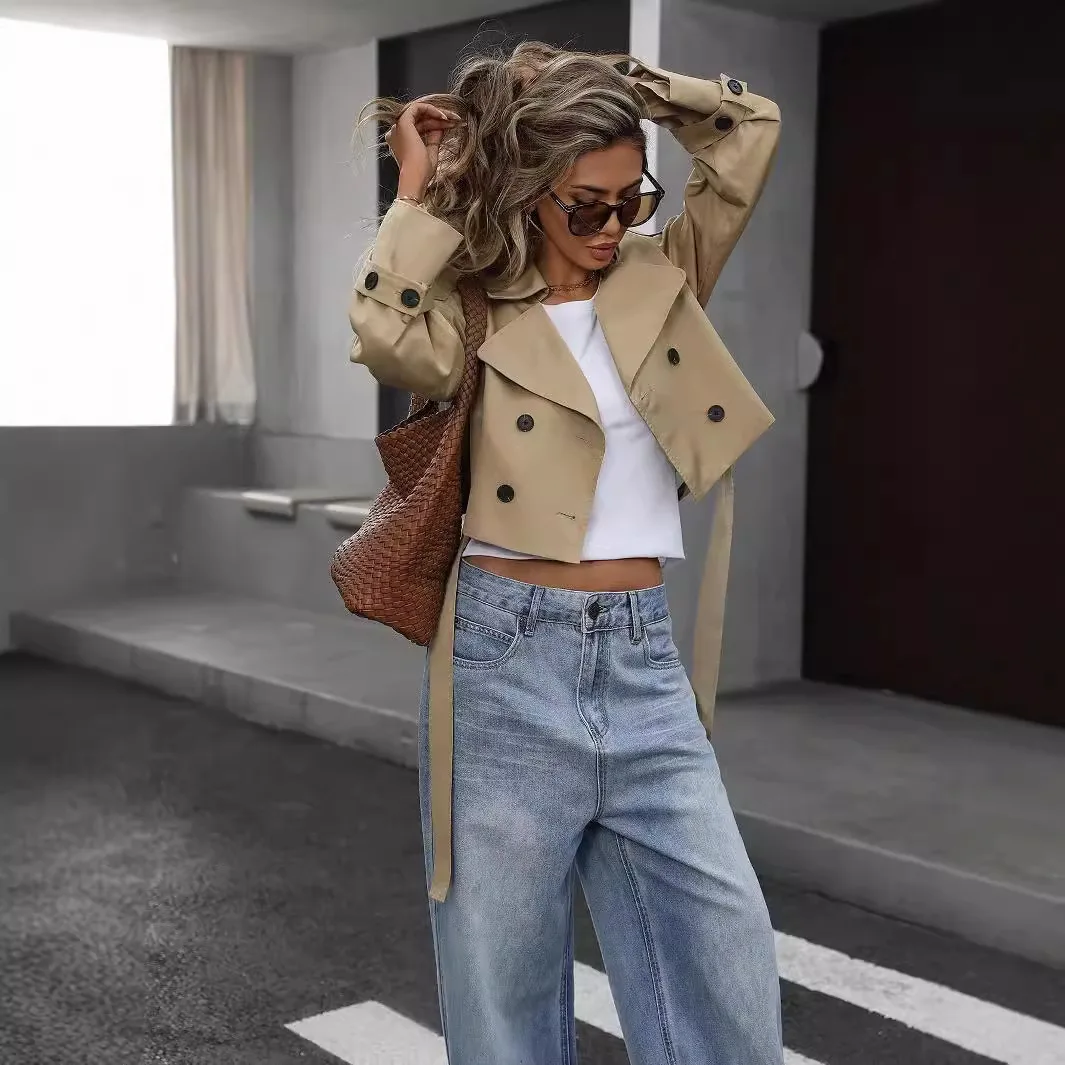 Spring Autumn Coat Women Bomber Jacket Lapel Double Breasted Blouse Cropped Jacket Casual Lace-up Design Chic Outerwear Lady New