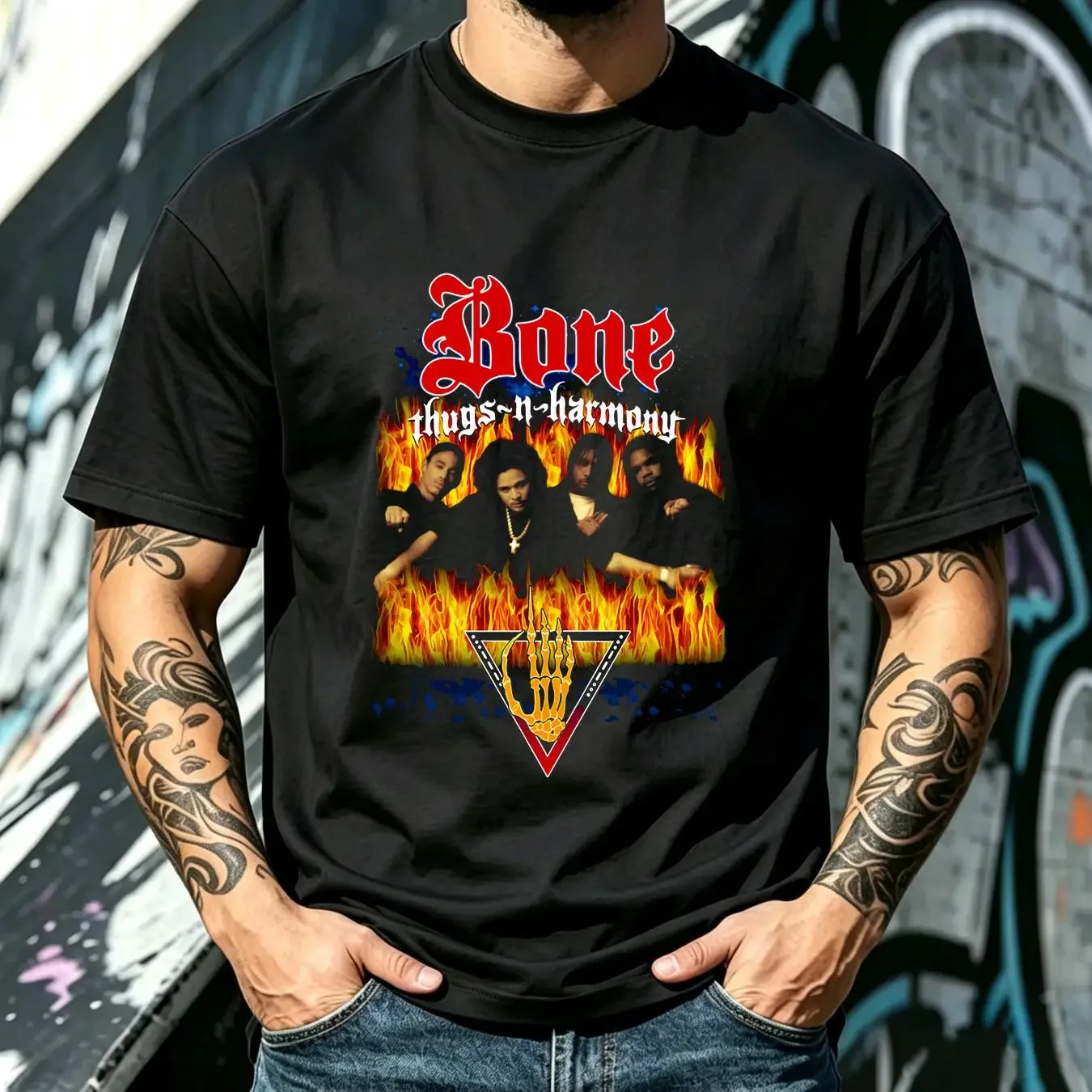 washed T Shirt Authentic BONE THUGS N HARMONY Look into my Eyes Slim Fit Black NEW vintage Washed Versatile streetwear
