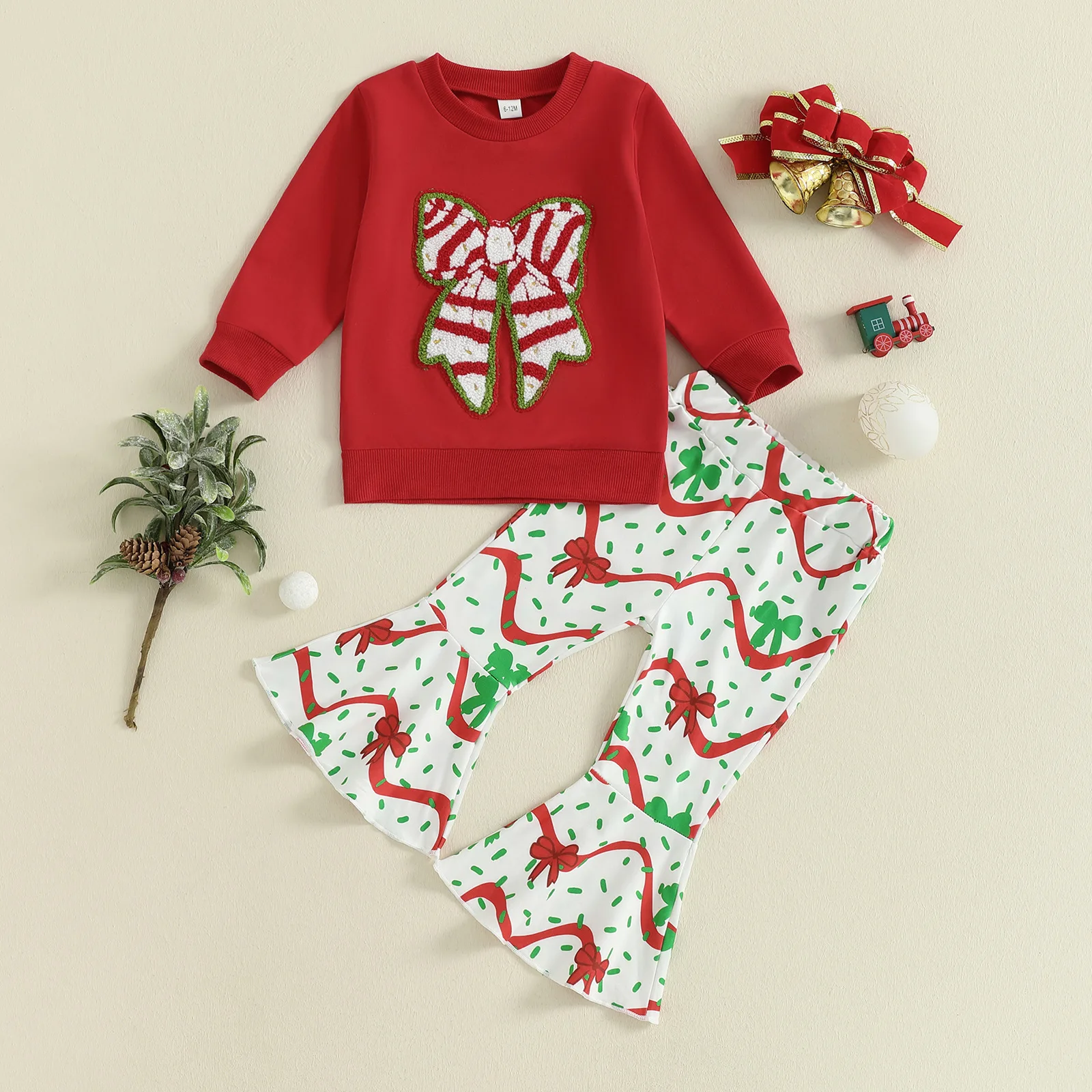 Girls' New Set Big Bow Embroidered Long-sleeved Sweater Christmas Tree Horn Long Two-piece Set Fashion Casual