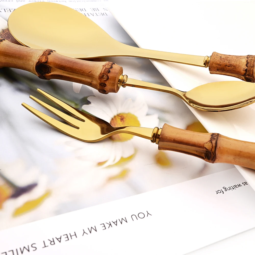 4-9Pcs Bamboo Handle Gold Cutlery Kitchen Home Dinnerware Stainless Steel Tableware Set Western Knife Fork Spoons Flatware Set