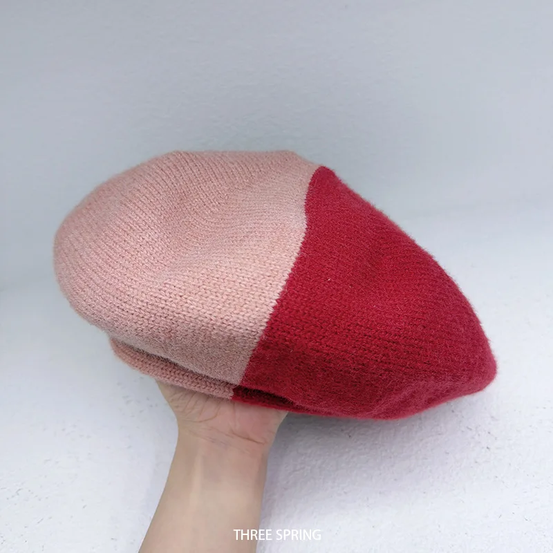 Koreanische Version Neuer Farbblockierter Strick-Barett für Damen im Herbst und Winter Süßer und Lässiger Vielseitiger Kuppel-Malermütze – Detail 1