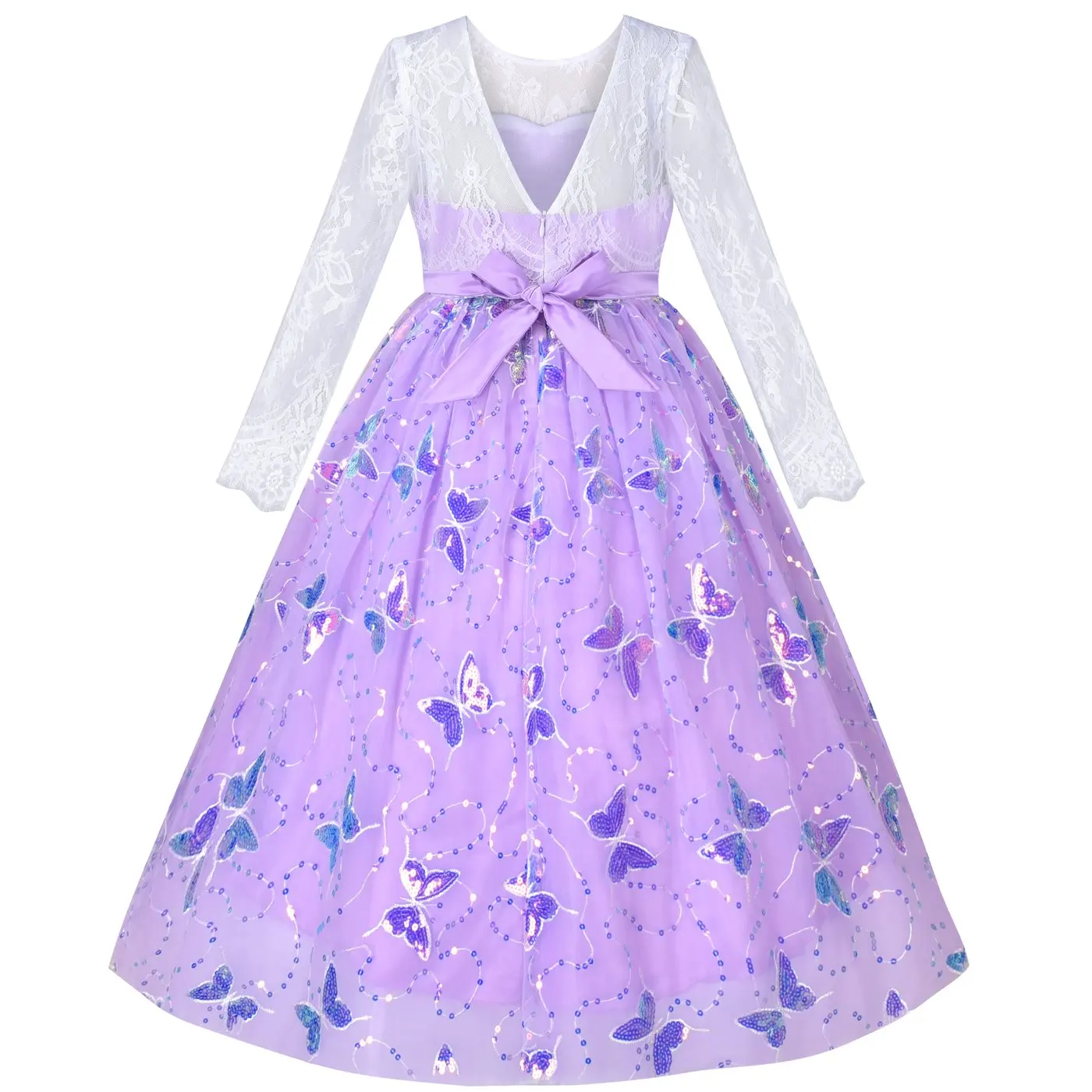 Flower Girl Dress Lace V Shape Back Butterfly Wedding Bridesmaid Party