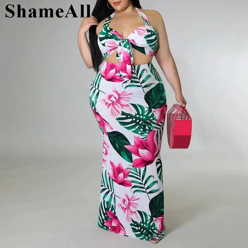 Plus Size Floral Print Dress 2 Dwuczęściowe Dopasowane Sukienki Zestawy 4XL Letnie Halter Bow Tie Crop Top Długa Spódnica Maxi Bodycon Stroje