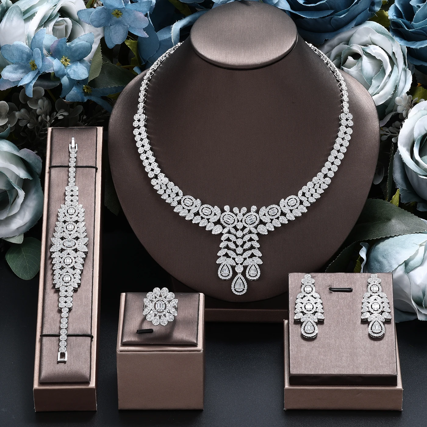 

Nigeria 4pcs Bridal Zirconia Jewelry Sets For Women Party, Luxury Dubai Nigeria platinum plating CZ Crystal Wedding Jewelry Sets