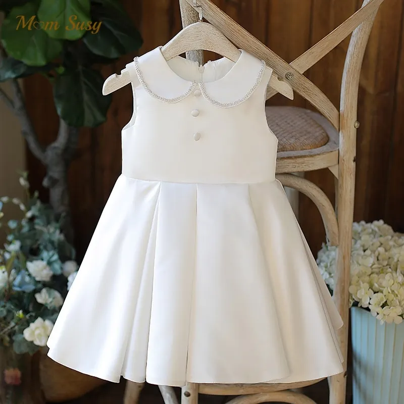 2023 New Arrival Girls Sleeveless Turn-down Collar Pearl Bow White Designer Roupa Infantil Menina  Princess Dress Custume 8-10T