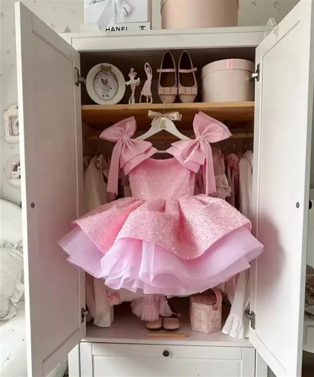 

Shiny Customized Pink Flower Girl Wedding Dress Sequins Bow Knee Length Cute Princess Brithday Pageant First Communion Ball Gown