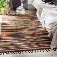 Cotton Tassel Carpet Rug Handmade Bedroom Rug Bedside Floor Mat Entrance Doormat Stripe Kitchen Mat Machine Washable Bath Rug