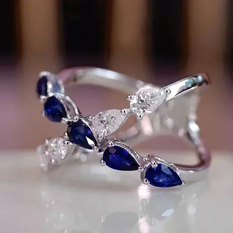 New Blue and White Klein Zircon Cross Ring with Pear Simple Fashion Design Women's  Wedding Party Jewelry Wholesale