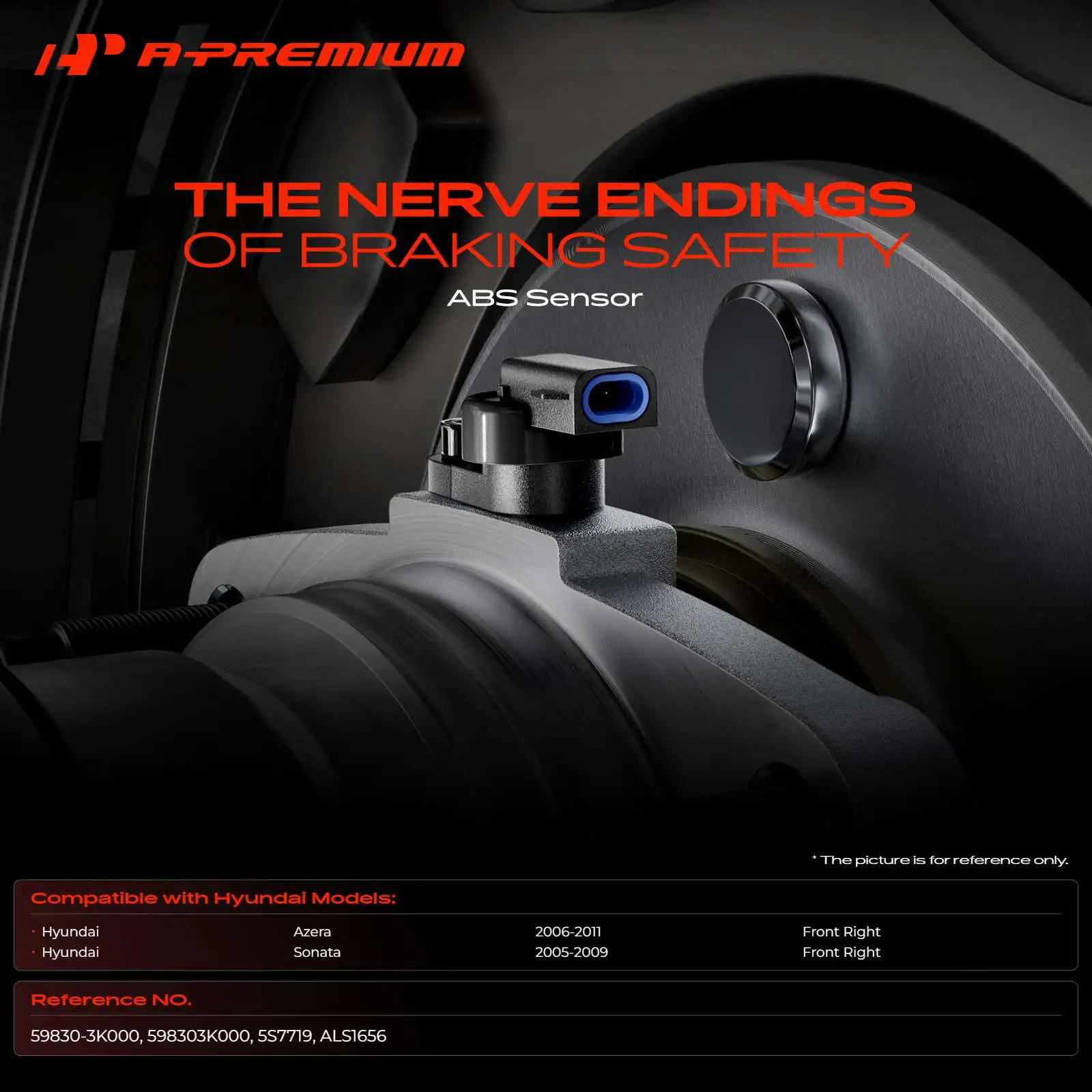 A-Premium Front Passenger Side ABS Wheel Speed Sensor for Hyundai Sonata 2005-2009 Azera 2006-2011