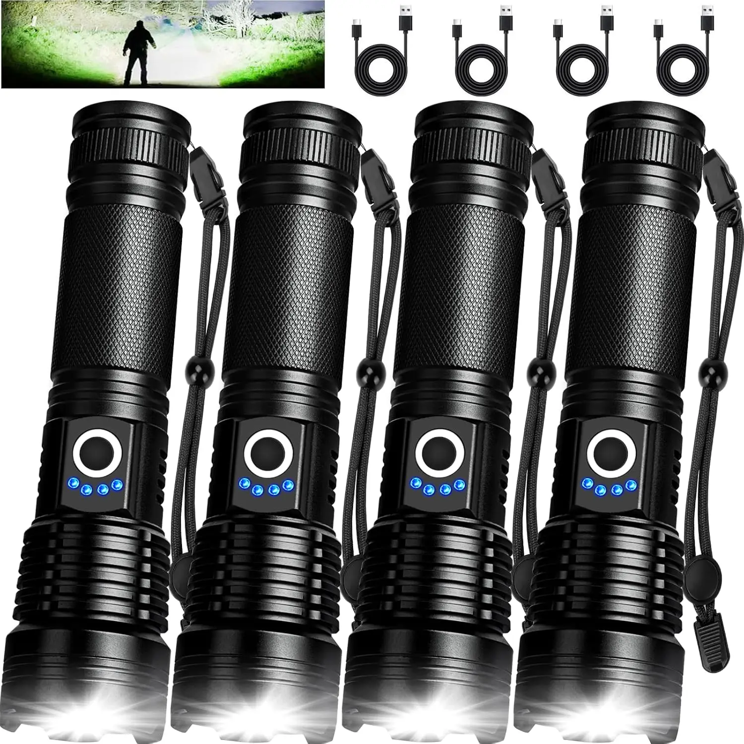 

Перезаряжаемые фонарики с высокой светоотдачей, 4 штуки, сверхяркие светодиоды с USB-кабелем и 5 режимами, водонепроницаемые, для кемпинга и дома