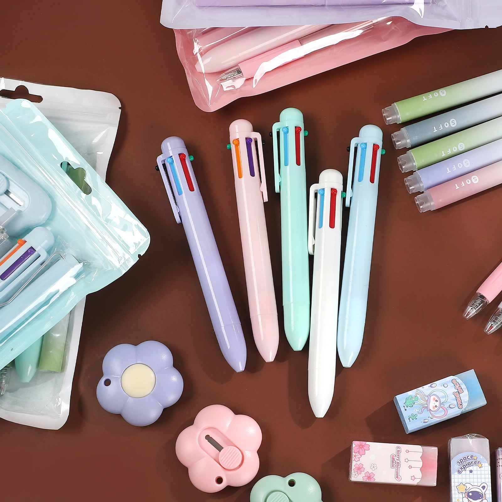 7 Pcs/set Macaron Color Pen Eraser Utility Knife Correction Tape Set Creative DIY Journal Material Student Supplies Stationery