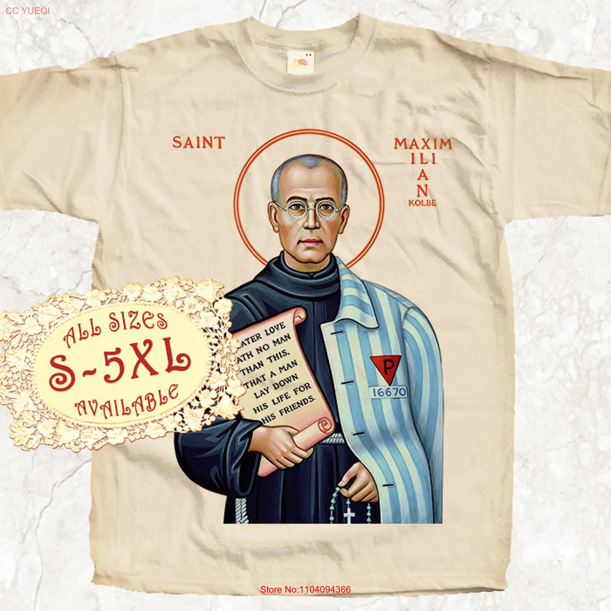 St Maximilian Kolbe V2 Catolic T SHIRT All sizes S 5XL Religious Christian Catholic TEE Natural long or short sleeves