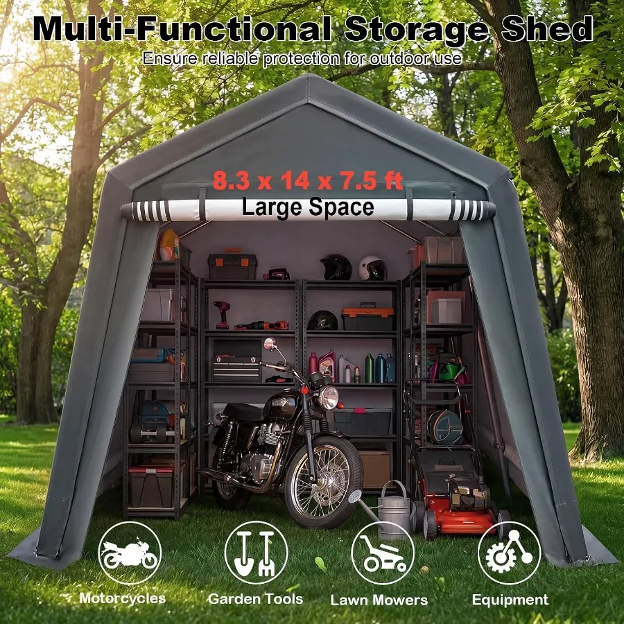 Portable storage shed for outdoor motorcycle shelter, 8.3 x 14 FT, heavy-duty polyethylene fabric, gray, weather-resistant with