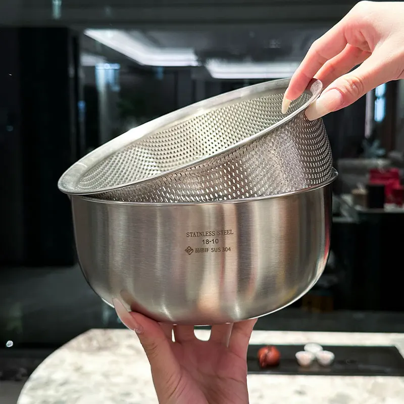 Stainless Steel Colander Basket Thicken Rice Washing Strainer Kitchen Baking Mixing Bowl Rustproof Drain Basin for Vegetables