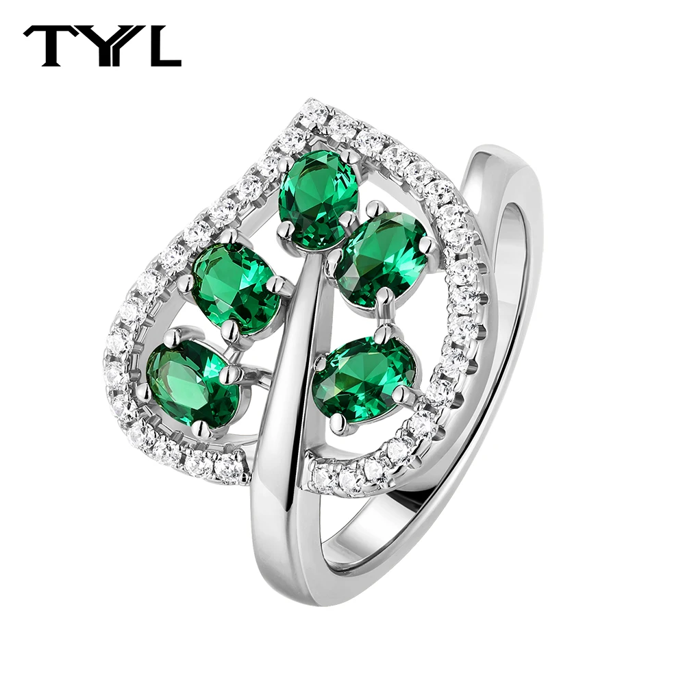 TYYL Oval Simulated Emerald & Zircon Ring for Women 925 Sterling Silver Leaf Shaped Green Gem Cocktail Rings Party Fine Jewelry