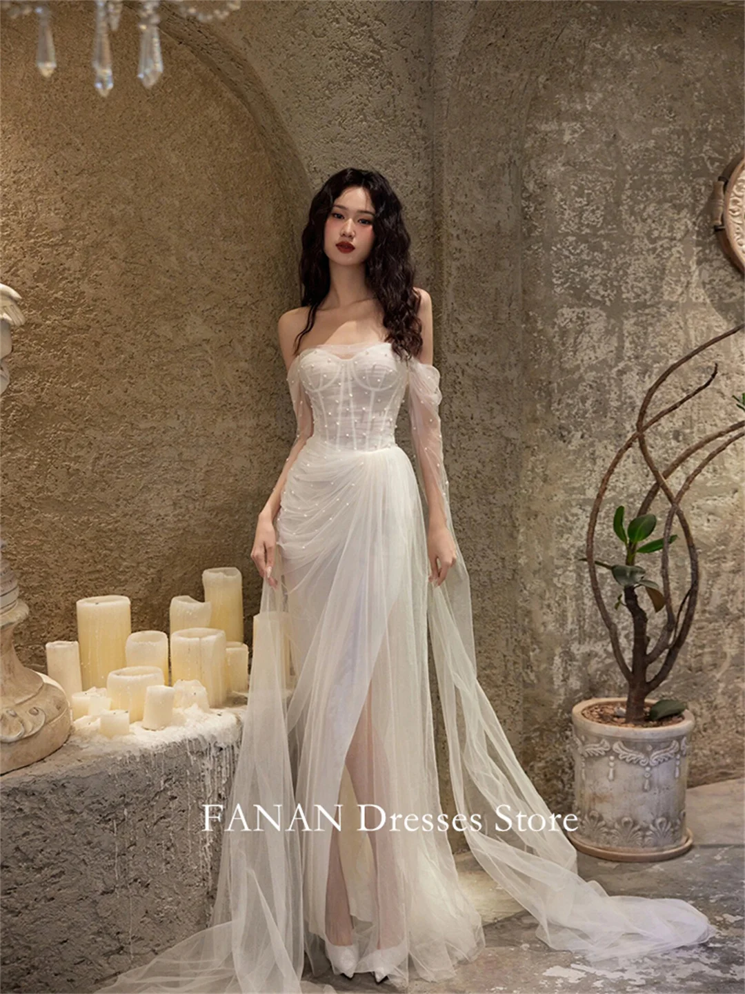 FANAN Korea Off Shoulder Wedding Dresses 웨딩드레스  Travel Photography Classic Custom Made Pearls Tulle Bride Gowns Plus Size